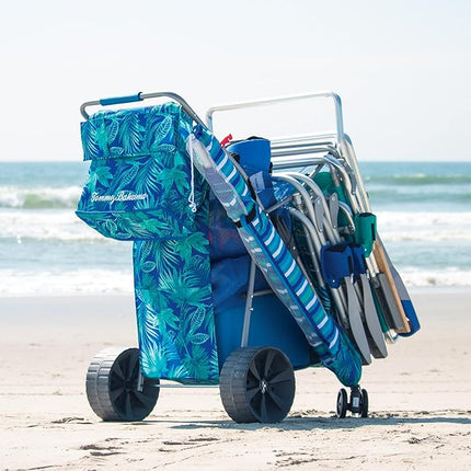 Tommy Bahama Wonder Wheeler Deluxe Folding Beach Cart, Portable Caddy for Towels and Beach Accessories, Stores 48-Quart Cooler & 4 Chairs, Blue-New