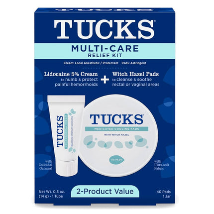 Tucks Multi-Care Relief Kit for hemorrhoid treatment and relief, includes Lidocaine 5% Cream and Witch Hazel Pads, 2-product value pack”
