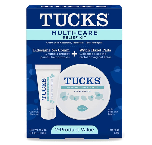 Tucks Multi-Care Relief Kit for hemorrhoid treatment and relief, includes Lidocaine 5% Cream and Witch Hazel Pads, 2-product value pack”