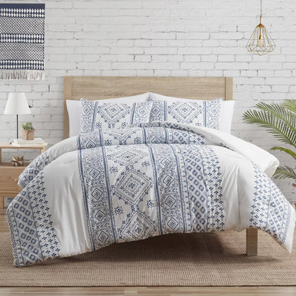 VCNY 3-Piece King Denim Geometric Striped Comforter Set, New, King Size


