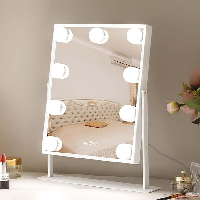 Vanity Mirror with Lights - Hollywood Lighted Makeup Mirror with 9 Dimmable Bulbs, 3 Color Lighting Modes, 10X Magnification, 360° Rotation (White) - Open Box