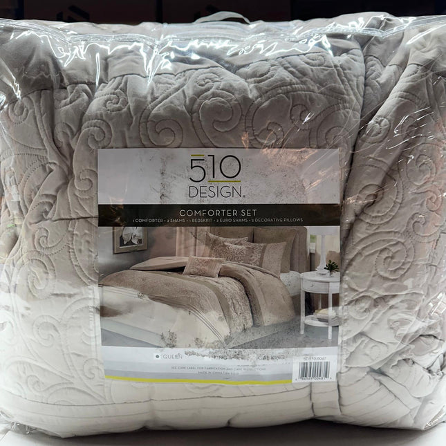 510 Design Luxe Quilted Comforter Set, Ramsey Damask Neutral, Queen (Open Box)