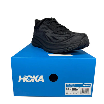Hoka Men’s Clifton 9 Running Shoes – Black/Black – Size 8.5 – New