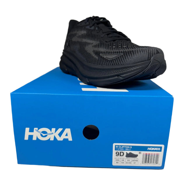 Hoka Men’s Clifton 9 Running Shoes – Black/Black – Size 9 – New