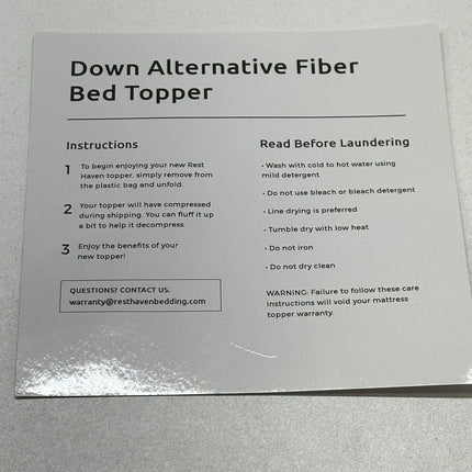 Down Alternative Fiber Bed Topper, Size Queen, Luxury Plush Comfort Open Box