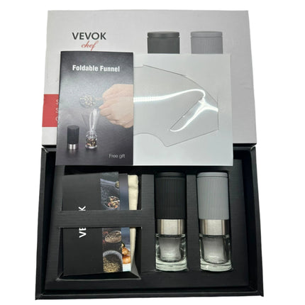 Mini Salt and Pepper Grinder Set – Adjustable Coarseness, Portable with Funnel & Bag – Open Box