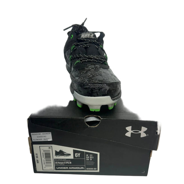 Under Armour Boys' Harper 8 TPU JR Baseball Shoes - Black/Black/Metallic Silver, Size 6, New