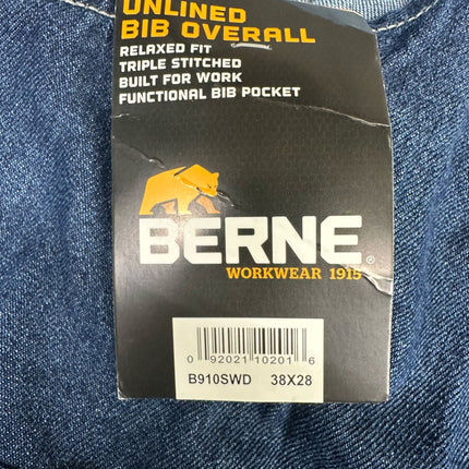 Berne Workwear Unlined Bib Overall Denim Size 38x28 New