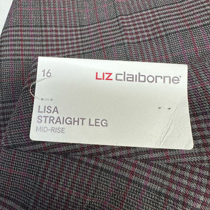 Liz Claiborne Women's Lisa Straight Leg Mid-Rise Pants Black Wine Plaid Size 16 - New