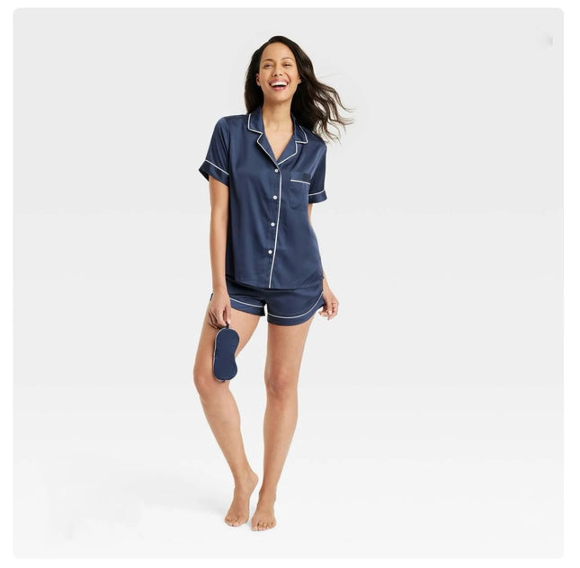 Women's 3-Piece Satin Short Sleeve Top and Shorts Set with Eye Mask - Stars Above™, New, Blue, Size S and M

