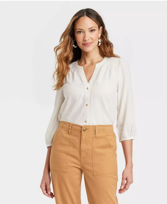 Women's 3/4 Sleeve Button Down Shirt Top Blouse - Knox Rose, New - Ivory, Size L

