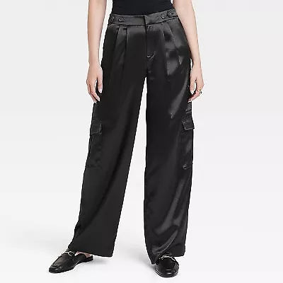 Women's 6 Pockets High-Rise Satin Cargo Pants - A New Day™, New No Tags - Black, Size 6