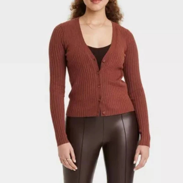 Women's Button-Front Fine Gauge Ribbed Cardigan - A New Day™, New - Brown, Size M

