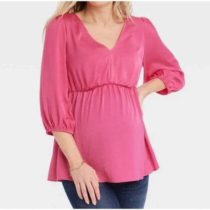 Women's Elbow Sleeve Woven Back Cut Out Maternity And Beyond Shirt - Isabel Maternity, New - Sizes S, M, XL