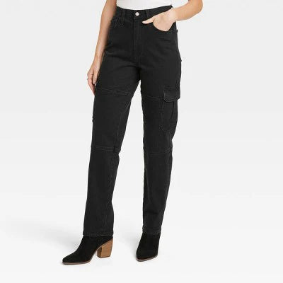 Women's High-Rise '90s Straight Cargo Jeans - Universal Thread, New, Black, 