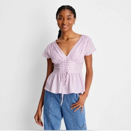 Women's Lavender Short Sleeve Corset Top - Future Collective with Reese Blutstein, New - Size M

