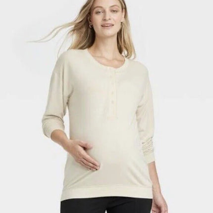 Women's Long Sleeve Henley Maternity And Beyond Shirt - Isabel Maternity by Ingrid & Isabel, New - Beige, Size M

