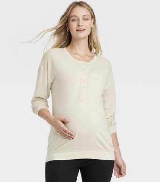 Women's Long Sleeve Henley Maternity And Beyond Shirt - Isabel Maternity by Ingrid & Isabel, New - Beige, Size M

