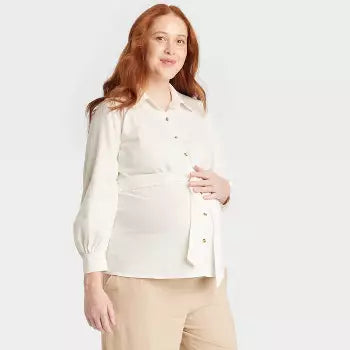 Women's Long Sleeve Linen Button-Up Maternity Shirt - Isabel Maternity by Ingrid & Isabel, New - Blue/White Striped, Size S