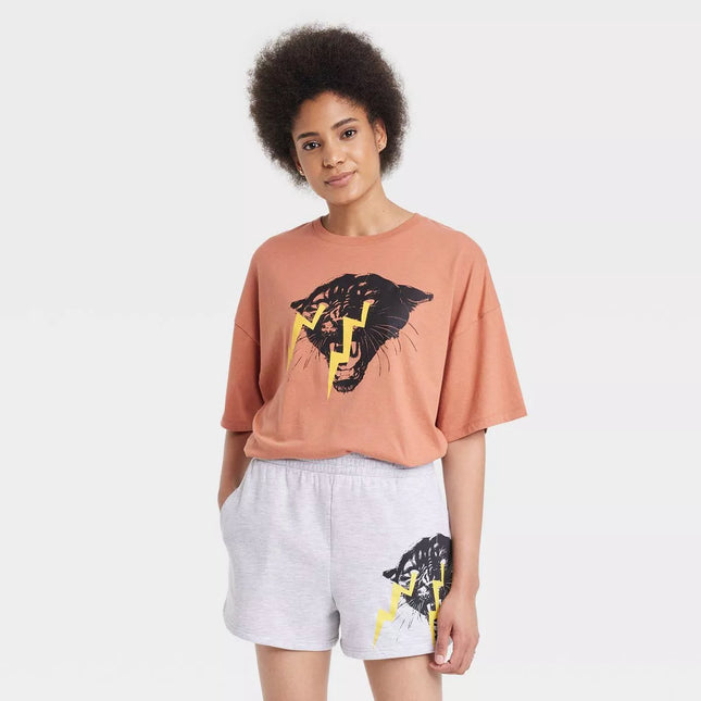 Women's Philadelphia Printworks Panther Oversized Short Sleeve Graphic T-Shirt - Brown, New

