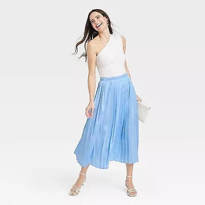 Women's Pleated A-Line Midi Skirt - A New Day™, New, Blue, Size S

