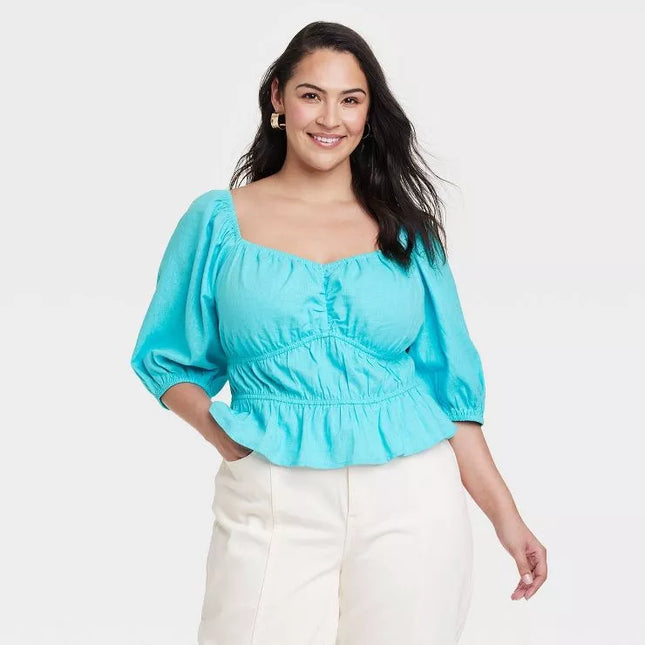 Women's Puff Elbow Sleeve Linen Shirt - A New Day™, New - Blue, Size XL

