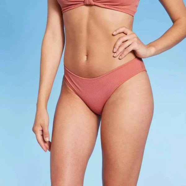 Women's Ribbed Hipster Bikini Bottom - Shade & Shore™, New, Pink, Cheeky Cut, Low Rise, Full Lining, Size L (12-14)