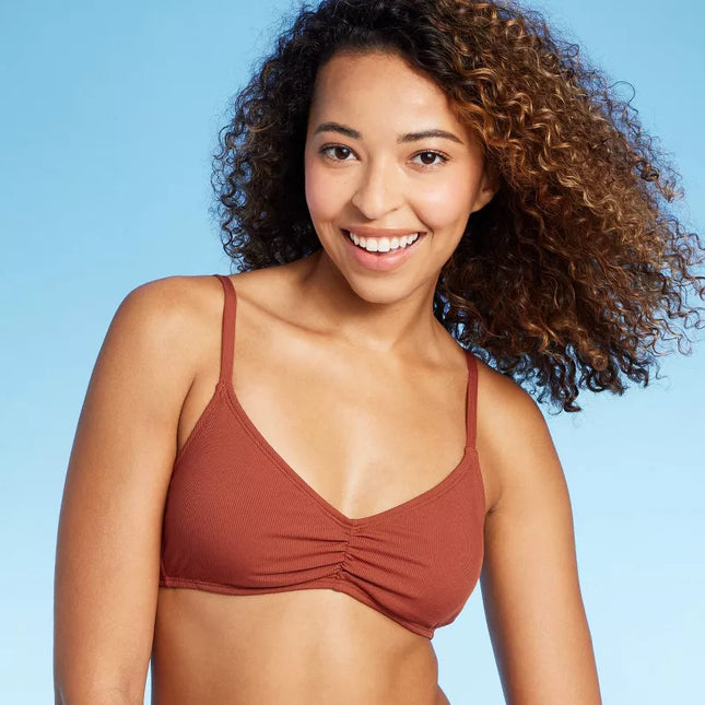 Women's Shirred Ribbed Bralette Bikini Top - Shade & Shore™, New, Brown, Size L

