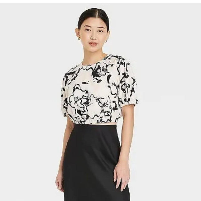 Women's Slim Fit Puff Short Sleeve Top - A New Day™, New - Black & White Print, Size S

