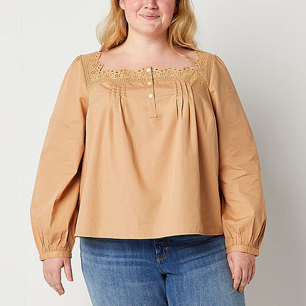 a.n.a Plus Women's Square Neck Long Sleeve Blouse - Beige - Size L - New

