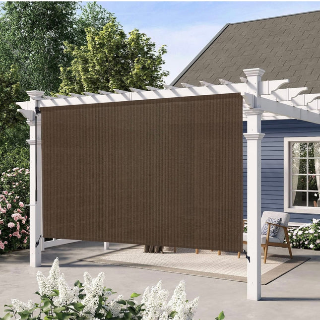 “Artpuch outdoor roller shade, 4’ W x 6’ H, mocha fabric blind, cordless roll up, wand operation, UV protection”