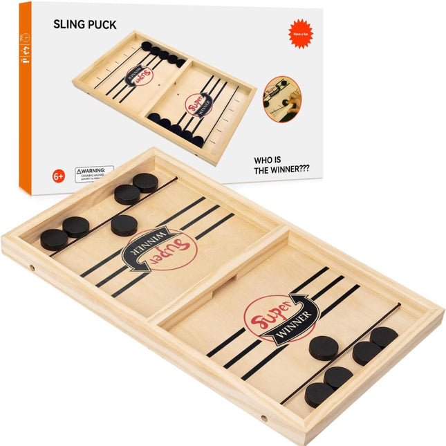 BAKAM Super Fast Sling Puck Game, portable table hockey game, solid wood construction, family game night fun, for kids and adults”