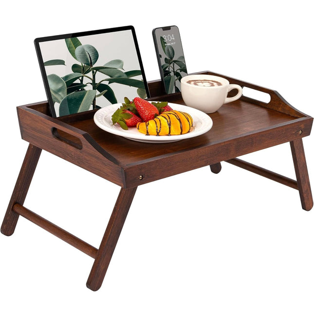 Bamboo wood bed tray and lap desk with phone holder, Java finish, fits 15.6 inch laptops”