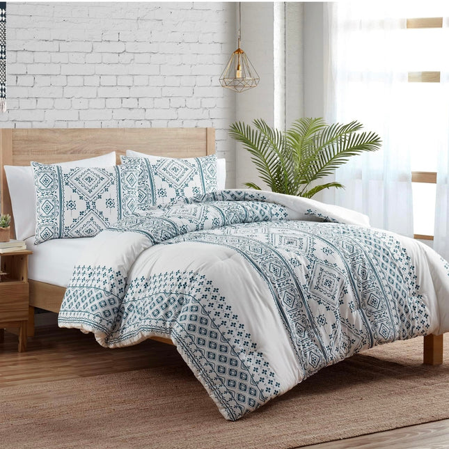 “Bedsure comforter set white denim collection, boho diamond print, wrinkle-resistant, king size bedding”
