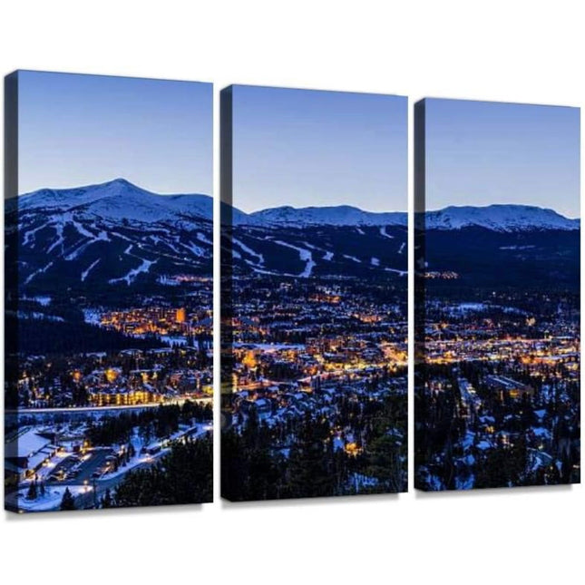 BELISIIS Breckenridge Colorado Winter Dusk Ski Runs Wall Art, 3-panel canvas, ready to hang, new open box”