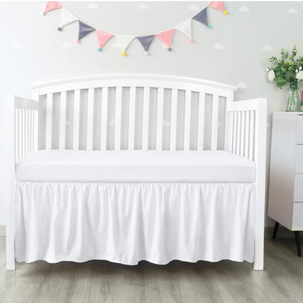 “Biloban white crib bed skirt with pleated design, 28 x 52 inches, 14-inch drop, adjustable fit for baby nursery”