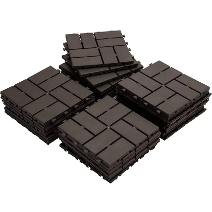 Domi patio interlocking deck tiles, 27-pack of 12x12 inch brown composite tiles, new open box.”
