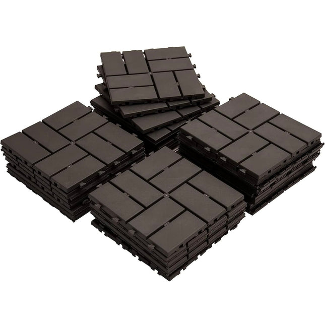 Domi patio interlocking deck tiles, 27-pack of 12x12 inch brown composite tiles, new open box.”
