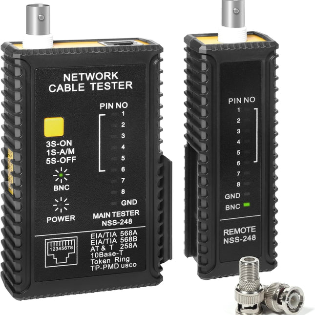 Brileine Coaxial Cable Tester, Network Cable Tester for Data & Coax Cables, RJ45/ CAT5/ CAT6/ BNC, handheld testing device”
