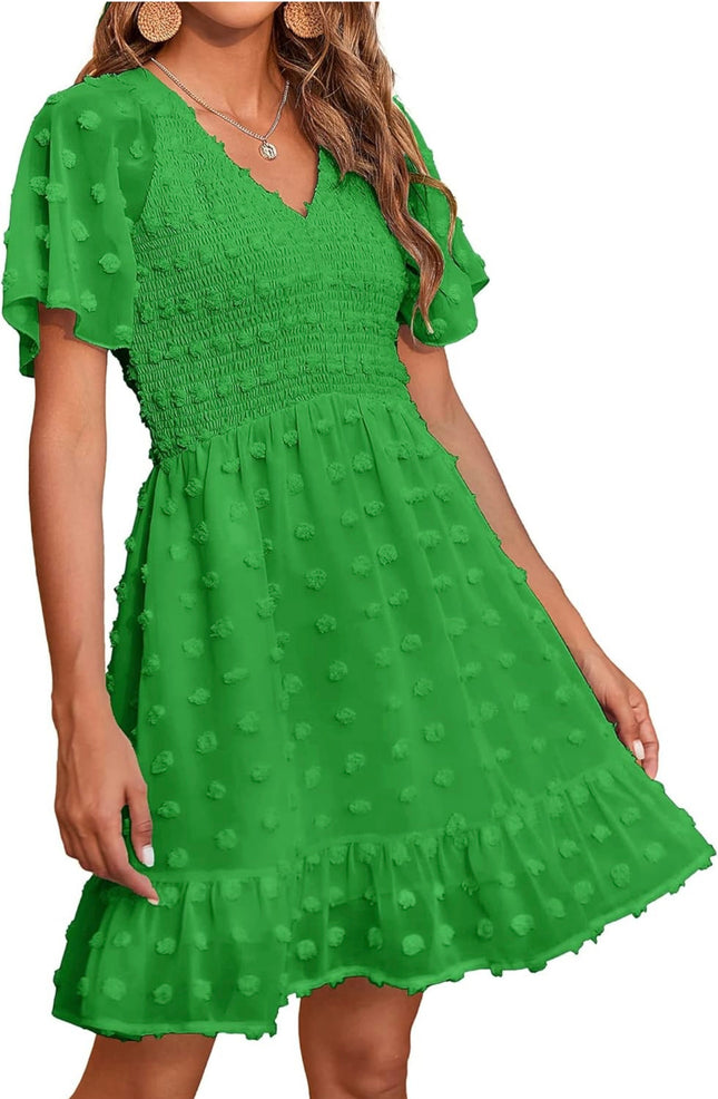 “BTFBM Women’s V Neck Smocked Short Sleeve Casual Dress, Swiss dot green, size small, new open box”