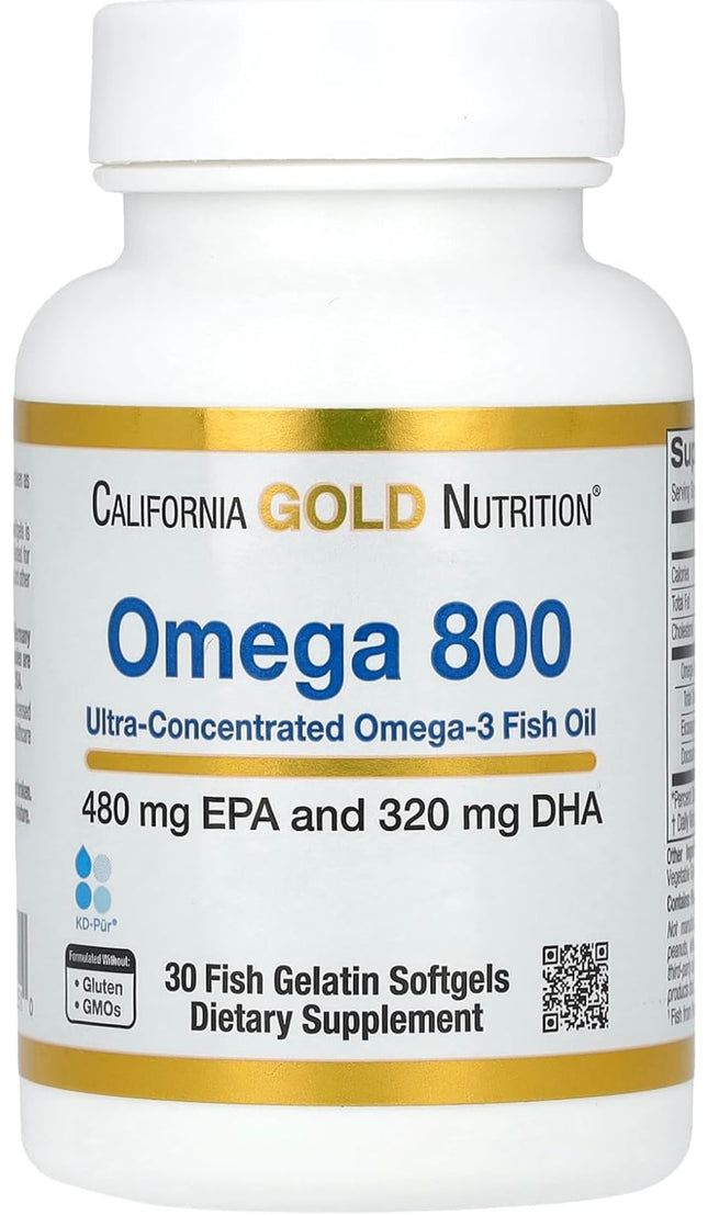 “California Gold Nutrition Omega 800 Ultra-Concentrated Omega-3 Fish Oil, 30 Fish Gelatin Softgels, dietary supplement”