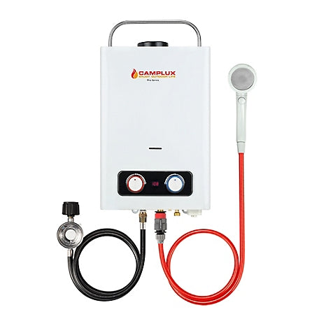 Camplux Pro Series portable propane tankless water heater, 1.58 GPM, 41,000 BTU, outdoor use, compact design”