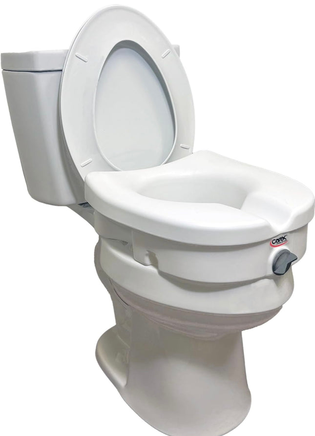  Carex Raised Toilet Seat with Lock, 5-inch height boost, ergonomic design, easy installation, ideal for elderly and mobility-impaired users”
