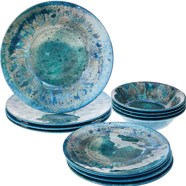 “Certified International Radiance Teal Melamine 12-Piece Dinnerware Set, Blue, new open box condition”