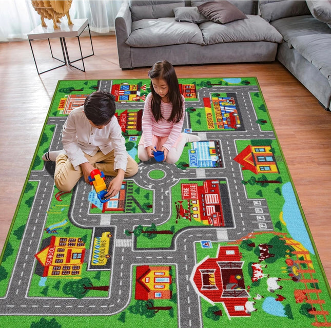 Children’s play rug with road and city design, green, minor damages, 118x78.7 inches”