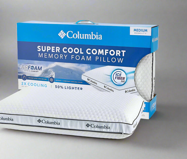 Columbia Super Cool Comfort Memory Foam Pillow, medium density, cooling technology, new open box.”