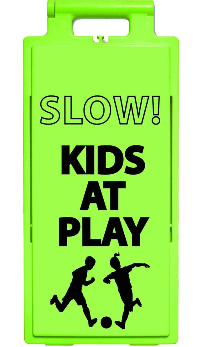 Cortina LAMBA Safety Sign ‘SLOW KIDS AT PLAY’, lime color, portable and durable design”