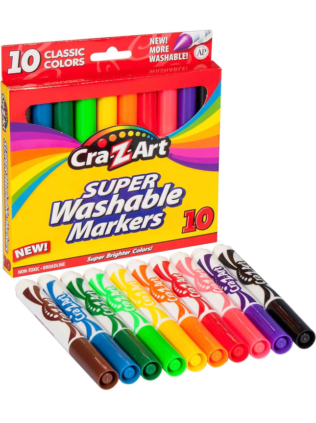Cra-Z-Art Classic Super Washable Markers pack of 10 in assorted colors, broad tip design, new in box.”
