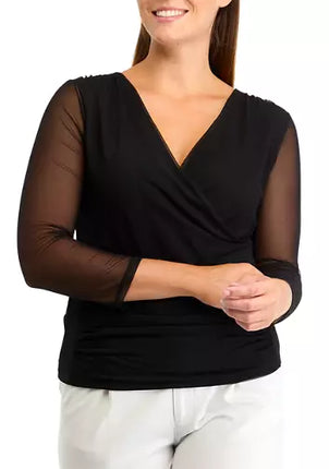 DKNY Women's 3/4 Mesh Sleeve Surplice Knit Top - New - Black - Size XL

