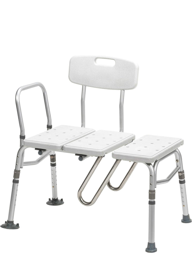 “Drive Medical Splash Defense Tub Transfer Bench, adjustable height, aluminum frame, white”